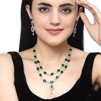 ZENEME Rhodium-Plated American Diamond Studded Abstract Necklace With Earrings Jewellery Set For Girls and Women