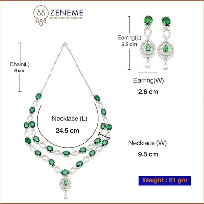 ZENEME Rhodium-Plated American Diamond Studded Abstract Necklace With Earrings Jewellery Set For Girls and Women