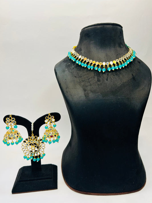 Light blue color Gold Plated Traditional Floral Kundan Pearl Choker Necklace Jewelry Earrings & Maang tikka Set For Women