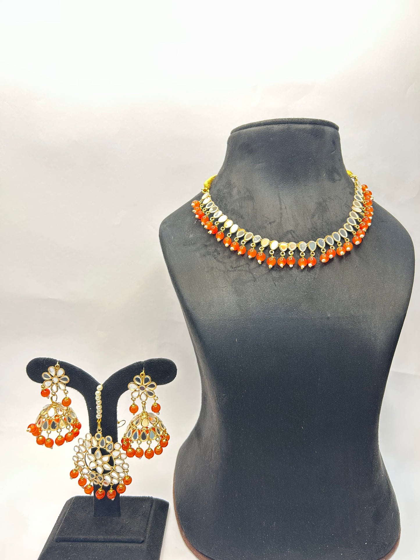 Orange color Gold Plated Traditional Floral Kundan Pearl Choker Necklace Jewelry Earrings & Maang tikka Set For Women