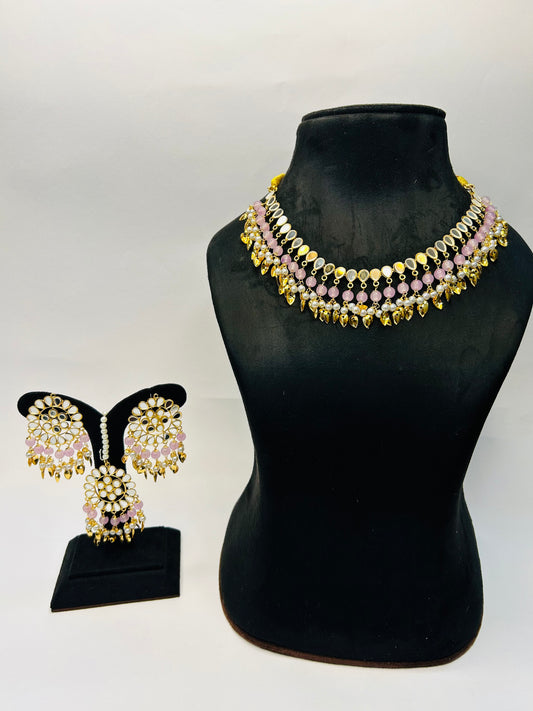 Pink color Gold Plated Traditional Floral Kundan Pearl Choker Necklace Jewelry Earrings & Maang tikka Set For Women