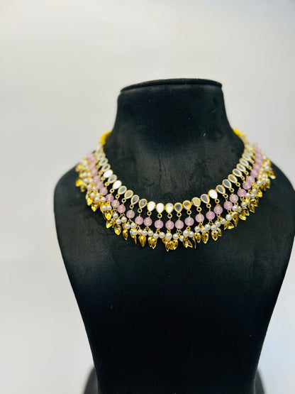 Pink color Gold Plated Traditional Floral Kundan Pearl Choker Necklace Jewelry Earrings & Maang tikka Set For Women