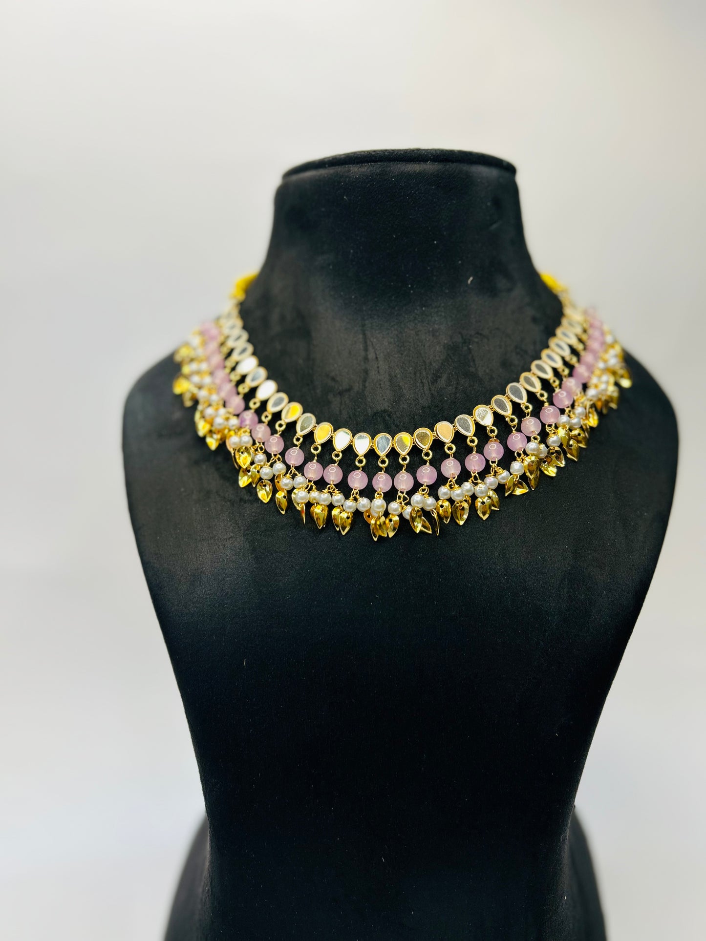 Pink color Gold Plated Traditional Floral Kundan Pearl Choker Necklace Jewelry Earrings & Maang tikka Set For Women