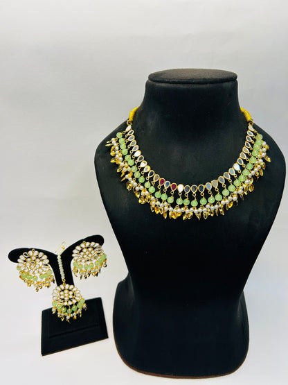 Pistachio Gold Plated Traditional Floral Kundan Pearl Choker Necklace Jewelry Earrings & Maang tikka Set For Women