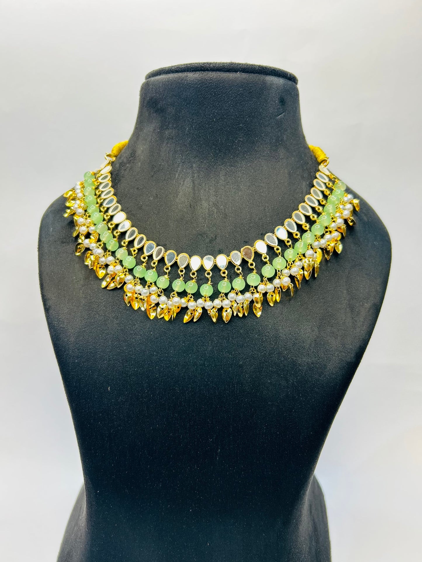 Pistachio Gold Plated Traditional Floral Kundan Pearl Choker Necklace Jewelry Earrings & Maang tikka Set For Women