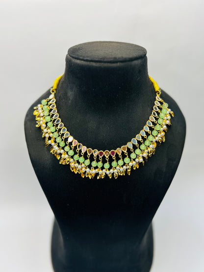 Pistachio Gold Plated Traditional Floral Kundan Pearl Choker Necklace Jewelry Earrings & Maang tikka Set For Women