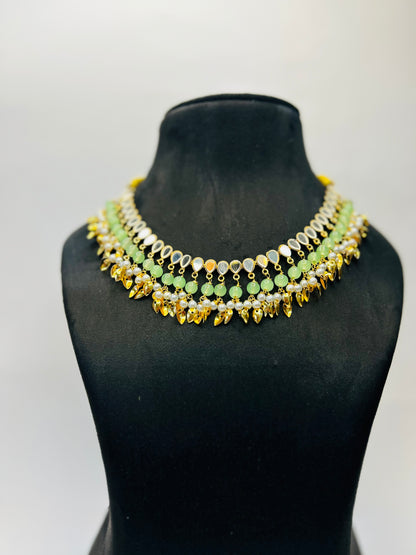 Pistachio Gold Plated Traditional Floral Kundan Pearl Choker Necklace Jewelry Earrings & Maang tikka Set For Women