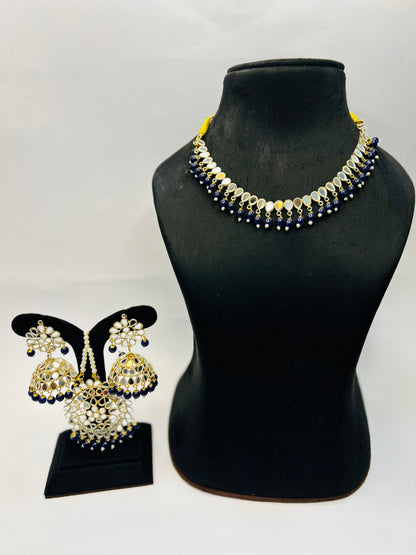 Navy blue color Gold Plated Traditional Floral Kundan Pearl Choker Necklace Jewelry Earrings & Maang tikka Set For Women