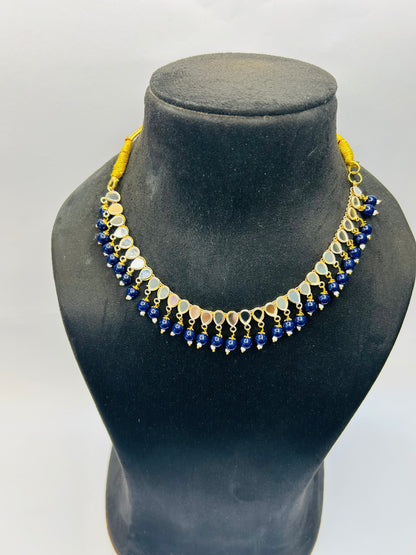 Navy blue color Gold Plated Traditional Floral Kundan Pearl Choker Necklace Jewelry Earrings & Maang tikka Set For Women