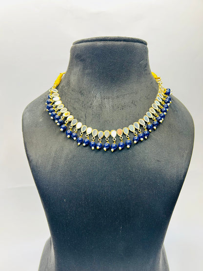 Navy blue color Gold Plated Traditional Floral Kundan Pearl Choker Necklace Jewelry Earrings & Maang tikka Set For Women