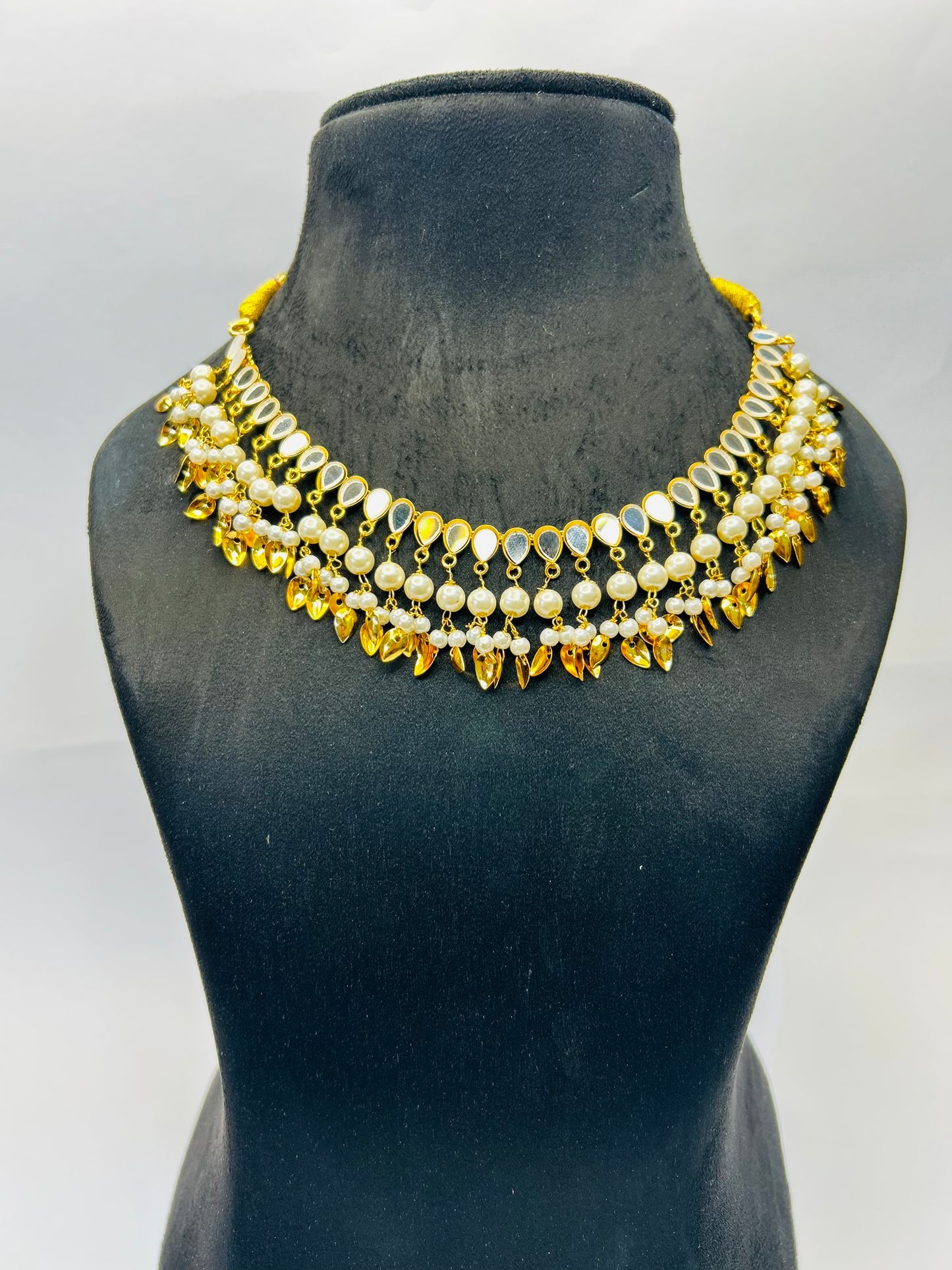 Golden color Traditional Floral Kundan Pearl Choker Necklace Jewelry Earrings & Maang tikka Set For Women