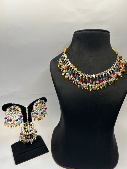 Multicolor Tika Earring Combo Jewelry Set Uncut Kundan Big Faux Kundan Choker Necklace Set for Girl's & Women