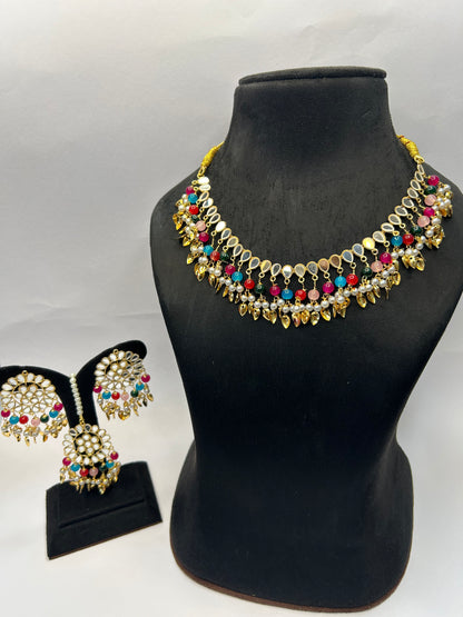 Multicolor Tika Earring Combo Jewelry Set Uncut Kundan Big Faux Kundan Choker Necklace Set for Girl's & Women