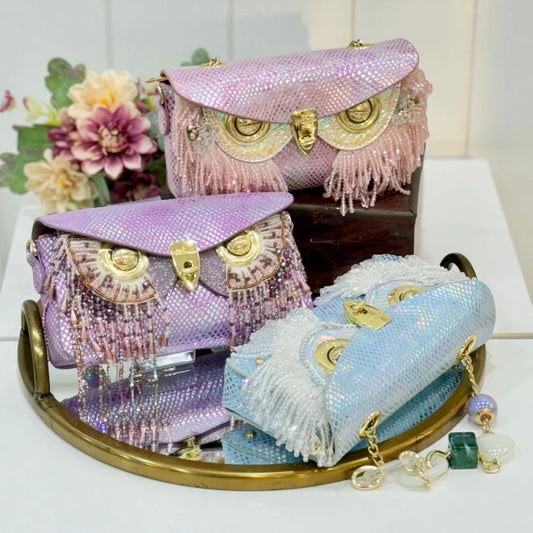 Arena Crystal Embellished Owl Clutch Purse, 20cm L x 5cm W x 12cm H, Detachable Chain Strap, White Leatherette