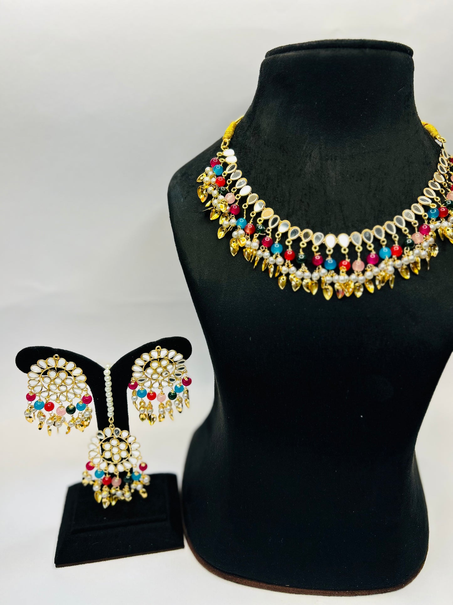 Multicolor Tika Earring Combo Jewelry Set Uncut Kundan Big Faux Kundan Choker Necklace Set for Girl's & Women